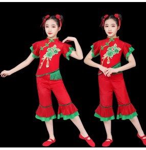 Girls Kids Chinese festive folk dance costumes drummer song opening Yangge dance performance dresses New Year's Day children's dance clothes
